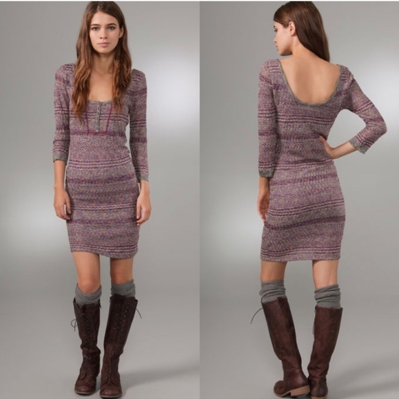 Free People Dresses & Skirts - Free People Sunrise Knit Sweater Stretchy Mini Dress Purple Raven Combo Bodycon